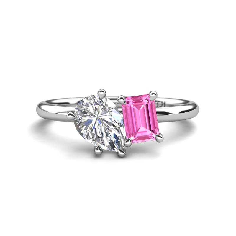 Nadya Pear Shape Forever Brilliant Moissanite & Emerald Shape Pink Sapphire 2 Stone Duo Ring 