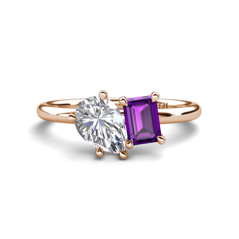 Nadya Pear Shape Forever Brilliant Moissanite & Emerald Shape Amethyst 2 Stone Duo Ring 