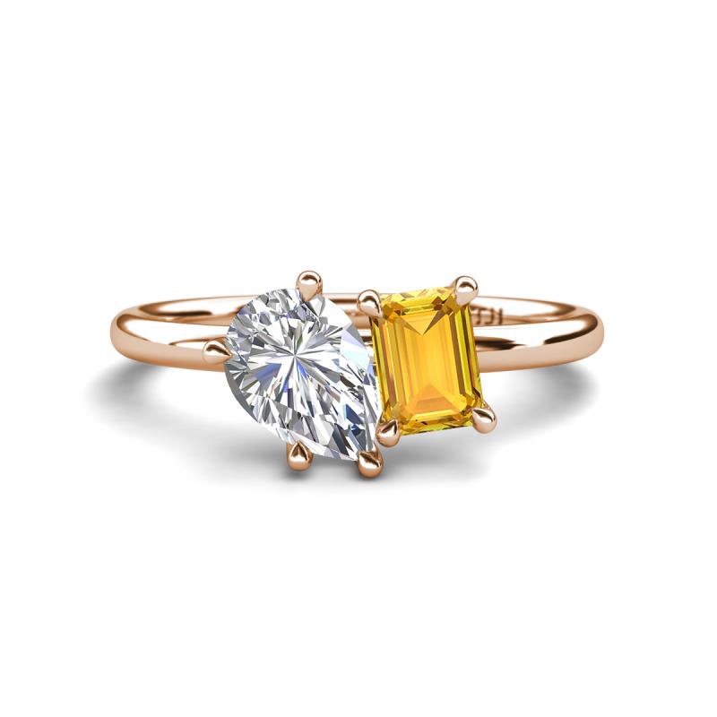 Nadya Pear Shape Forever Brilliant Moissanite & Emerald Shape Citrine 2 Stone Duo Ring 