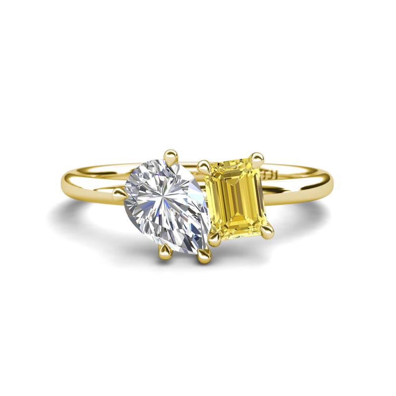 Nadya Pear Shape Forever Brilliant Moissanite & Emerald Shape Yellow Sapphire 2 Stone Duo Ring 