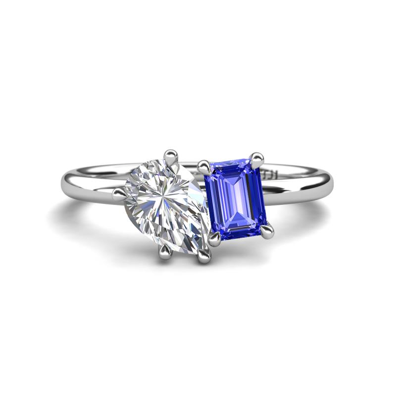 Nadya Pear Shape Forever Brilliant Moissanite & Emerald Shape Tanzanite 2 Stone Duo Ring 