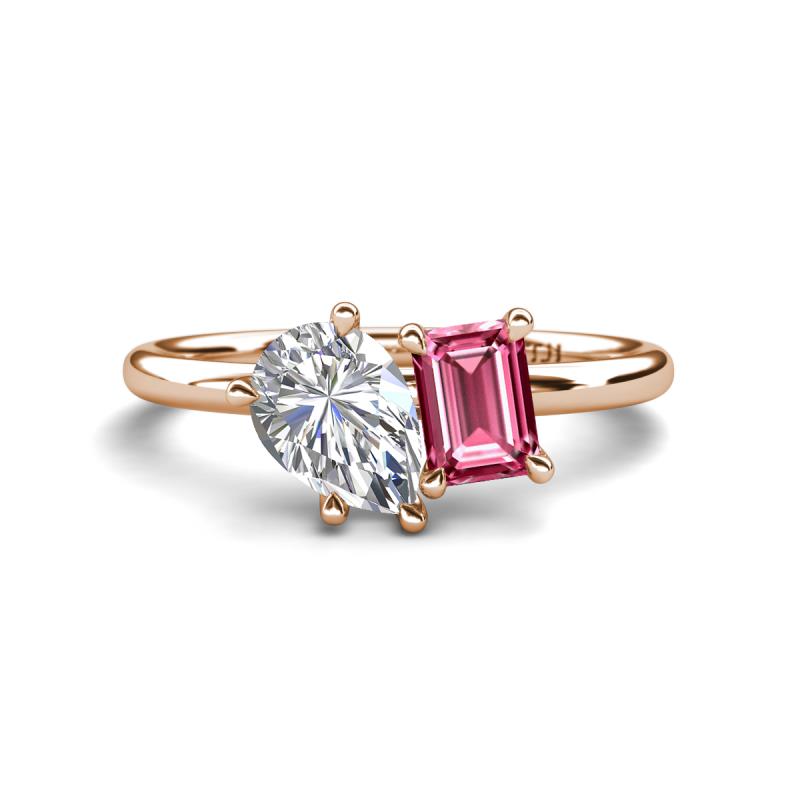 Nadya Pear Shape Forever Brilliant Moissanite & Emerald Shape Pink Tourmaline 2 Stone Duo Ring 