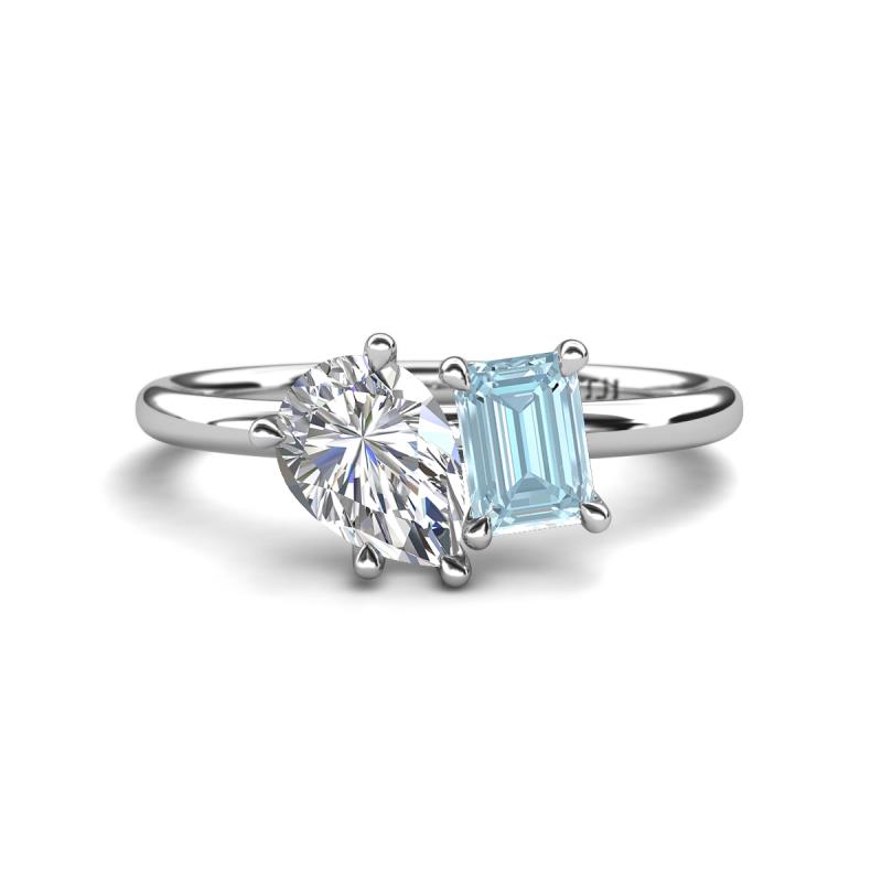 Nadya Pear Shape Forever Brilliant Moissanite & Emerald Shape Aquamarine 2 Stone Duo Ring 