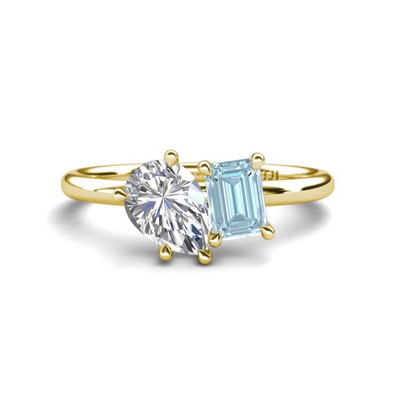 Nadya Pear Shape Forever One Moissanite & Emerald Shape Aquamarine 2 Stone Duo Ring 