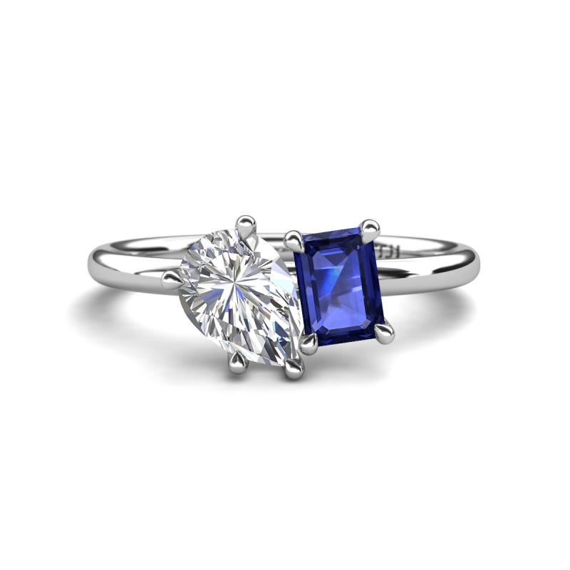 Nadya Pear Shape Forever One Moissanite & Emerald Shape Iolite 2 Stone Duo Ring 