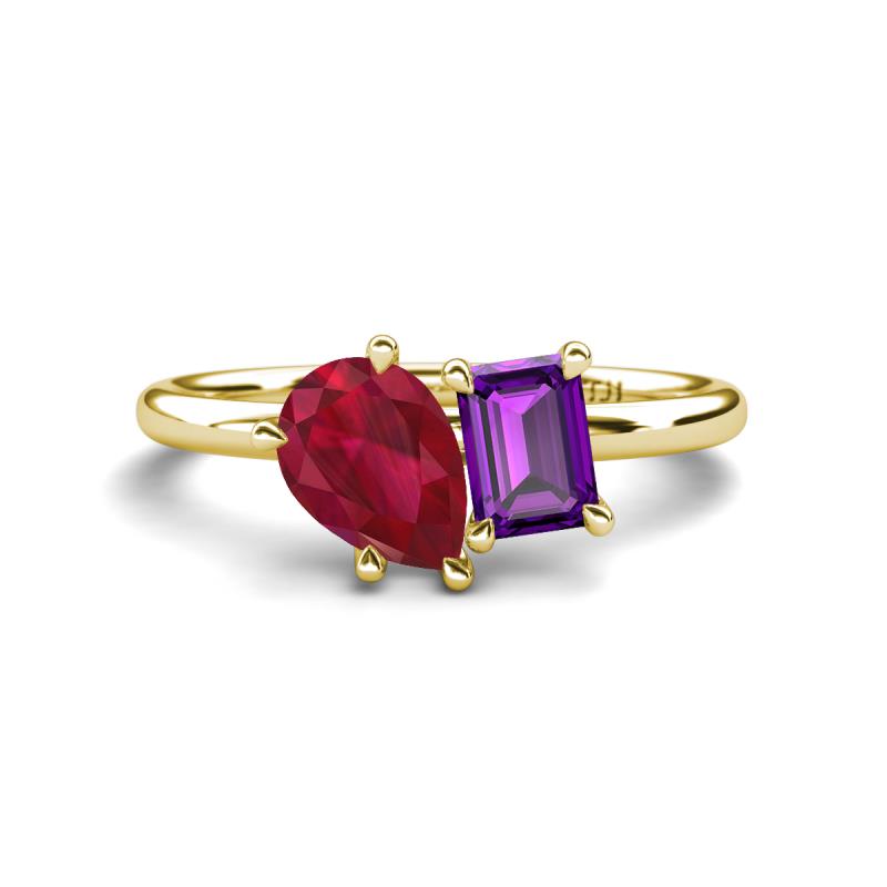 Nadya Pear Shape Lab Created Ruby & Emerald Shape Amethyst 2 Stone Duo Ring 