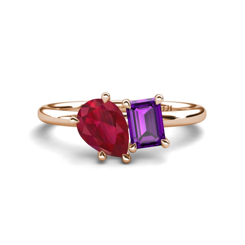 Nadya Pear Shape Lab Created Ruby & Emerald Shape Amethyst 2 Stone Duo Ring 
