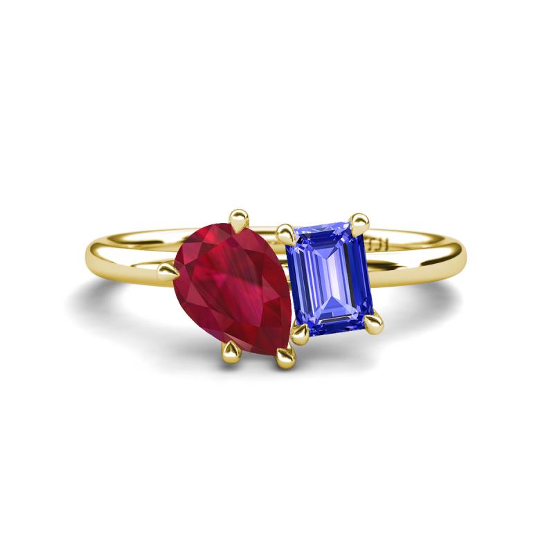 Nadya Pear Shape Lab Created Ruby & Emerald Shape Tanzanite 2 Stone Duo Ring 