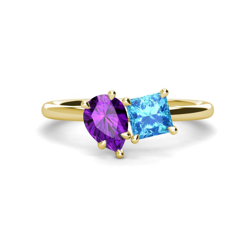 Zoya Pear Shape Amethyst & Princess Shape Blue Topaz 2 Stone Duo Ring 
