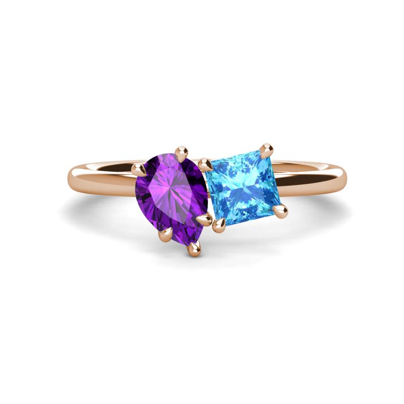 Zoya Pear Shape Amethyst & Princess Shape Blue Topaz 2 Stone Duo Ring 
