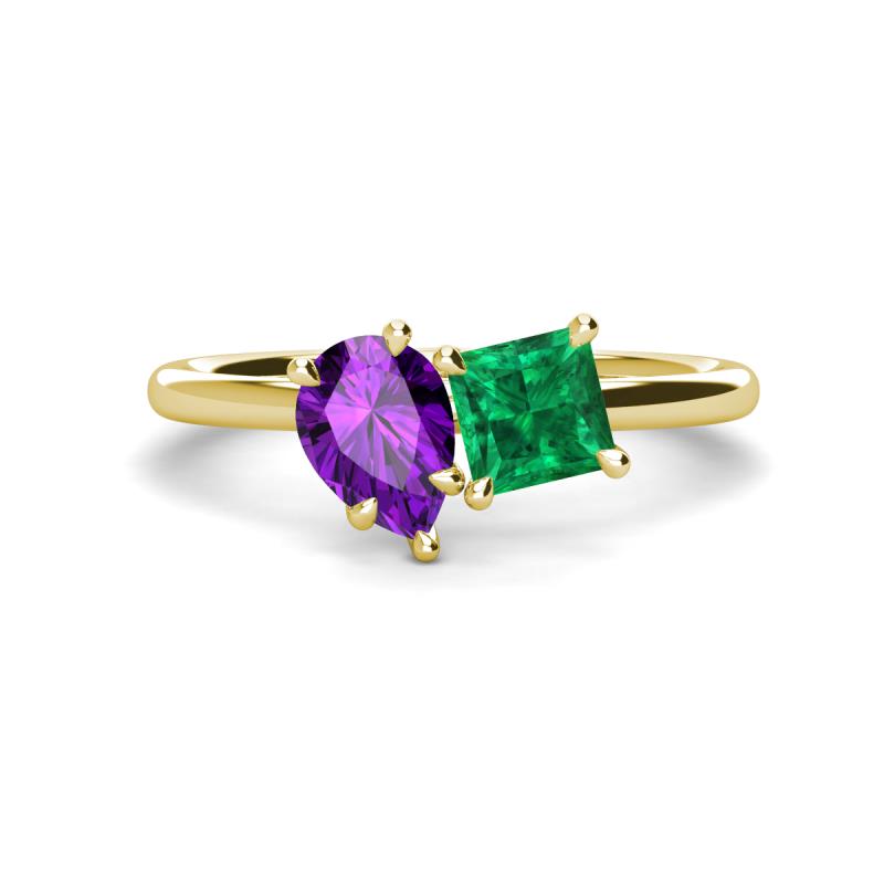 Zoya Pear Shape Amethyst & Princess Shape Lab Created Emerald 2 Stone Duo Ring 