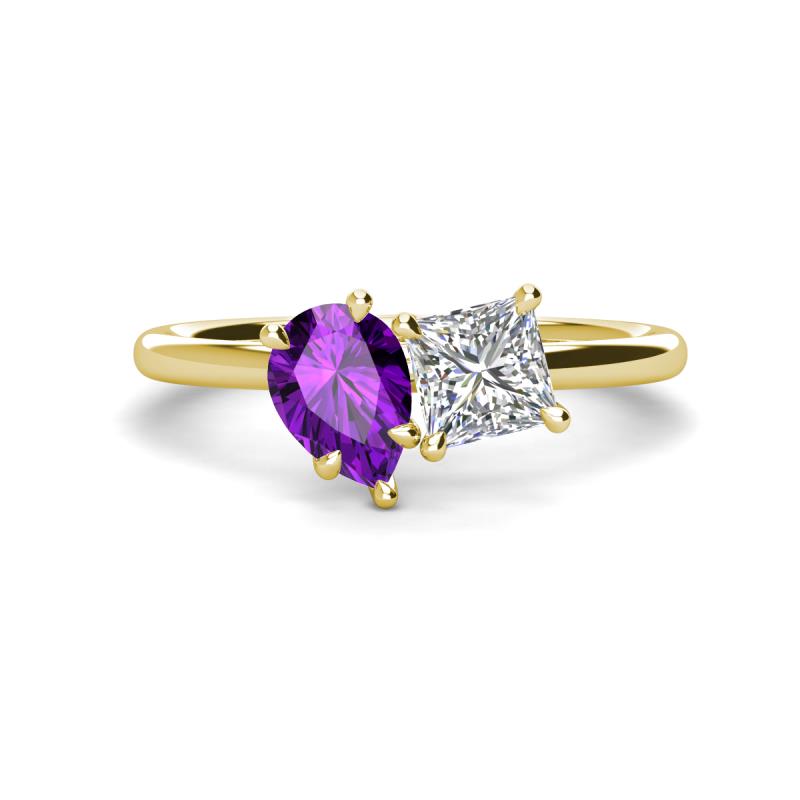 Zoya Pear Shape Amethyst & Princess Shape Forever Brilliant Moissanite 2 Stone Duo Ring 