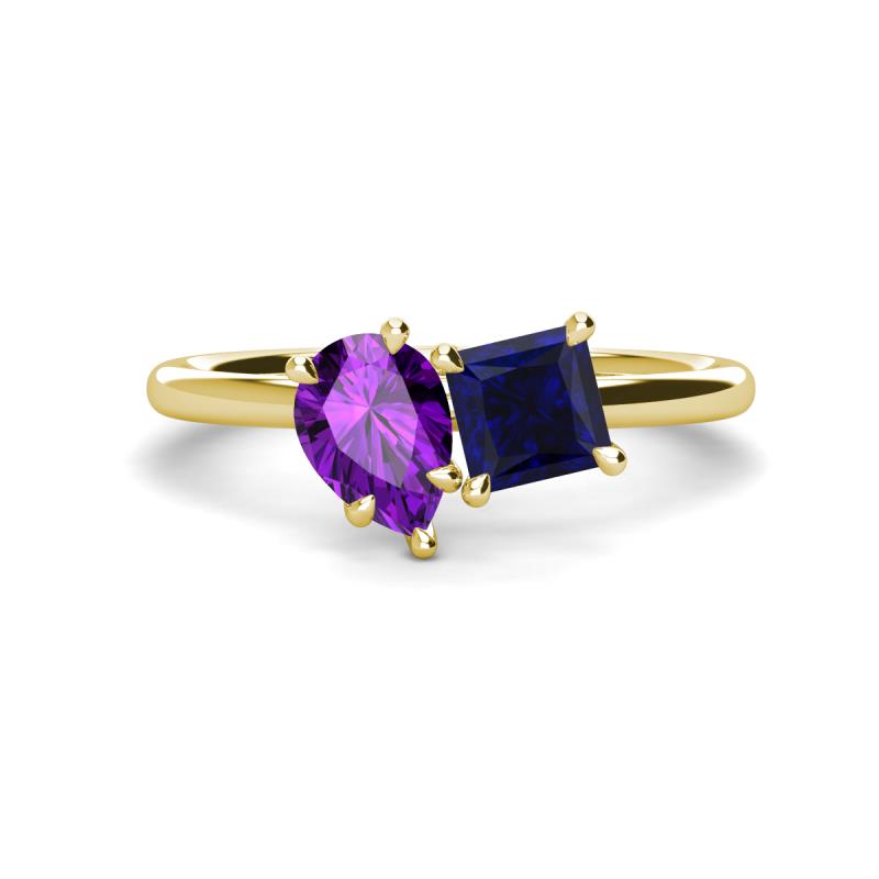 Zoya Pear Shape Amethyst & Princess Shape Lab Created Blue Sapphire 2 Stone Duo Ring 