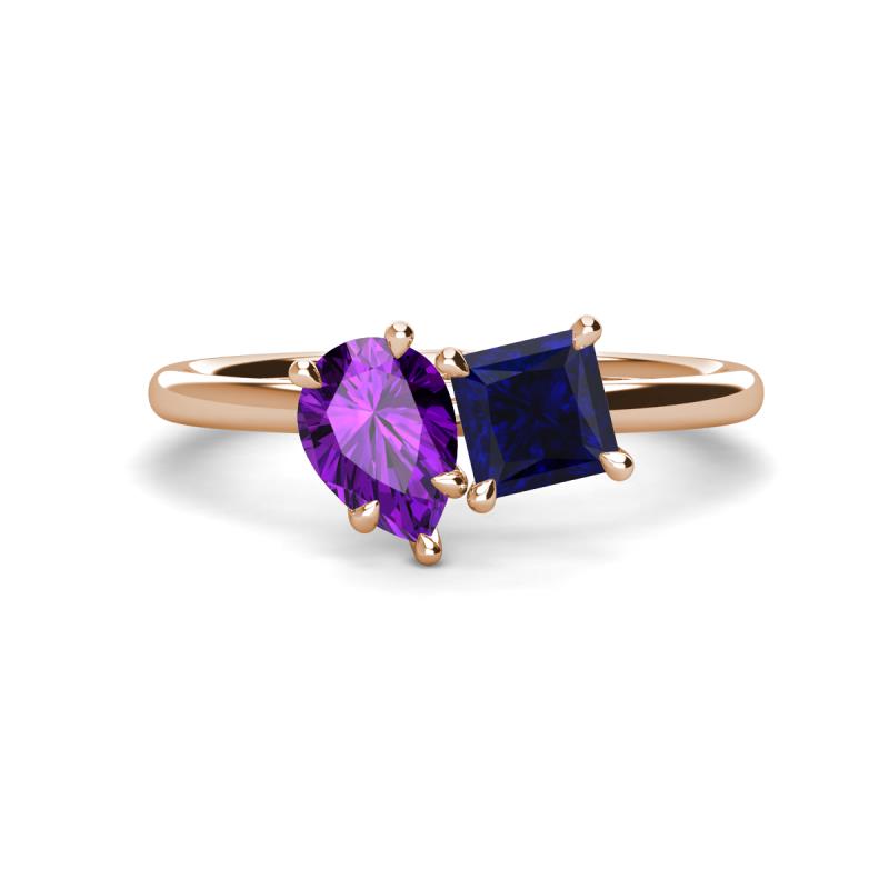 Zoya Pear Shape Amethyst & Princess Shape Lab Created Blue Sapphire 2 Stone Duo Ring 