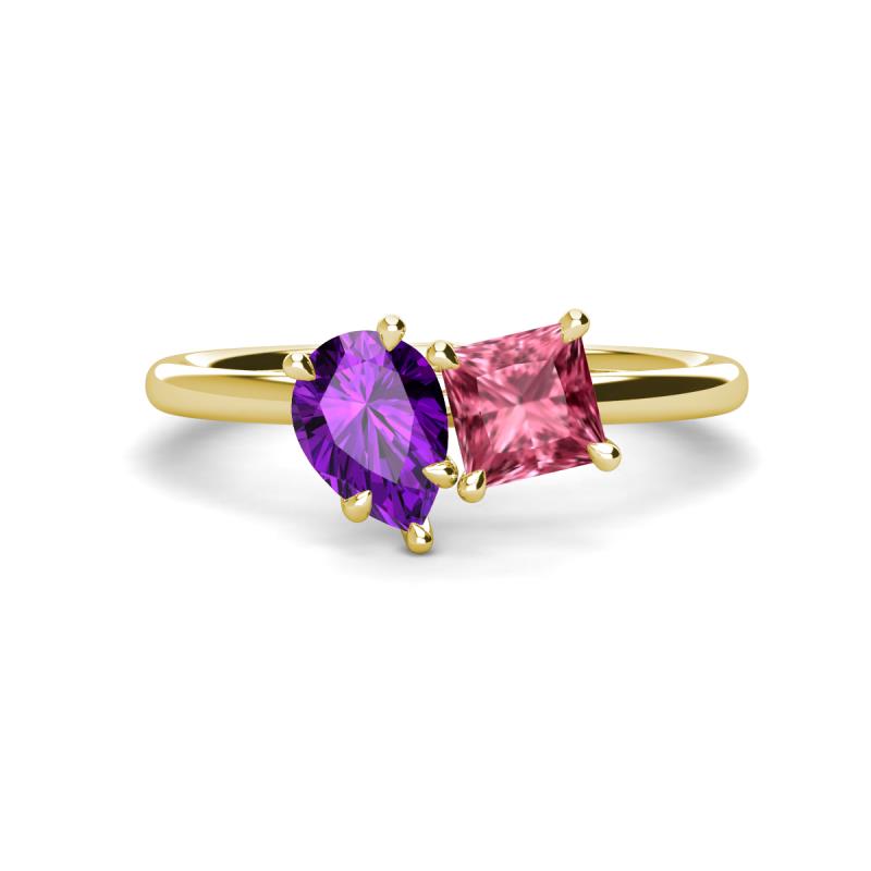 Zoya Pear Shape Amethyst & Princess Shape Pink Tourmaline 2 Stone Duo Ring 