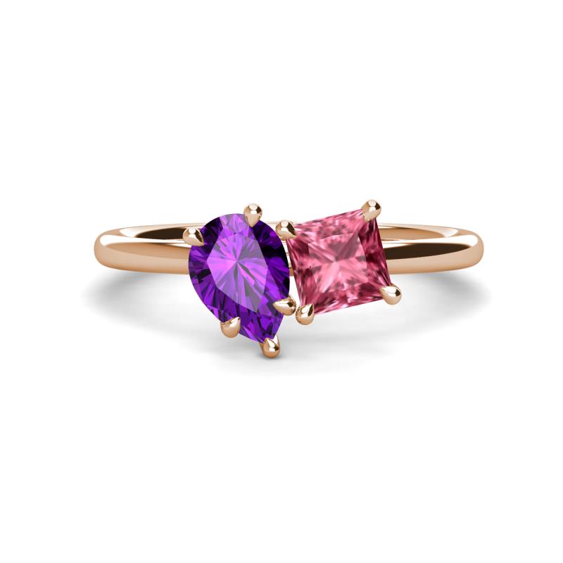 Zoya Pear Shape Amethyst & Princess Shape Pink Tourmaline 2 Stone Duo Ring 
