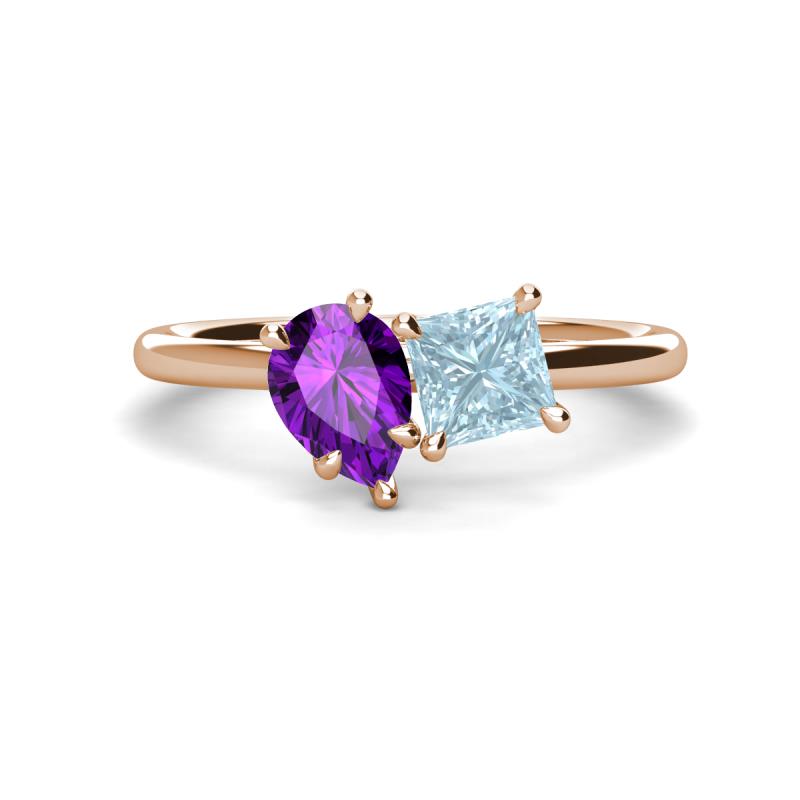 Zoya Pear Shape Amethyst & Princess Shape Aquamarine 2 Stone Duo Ring 