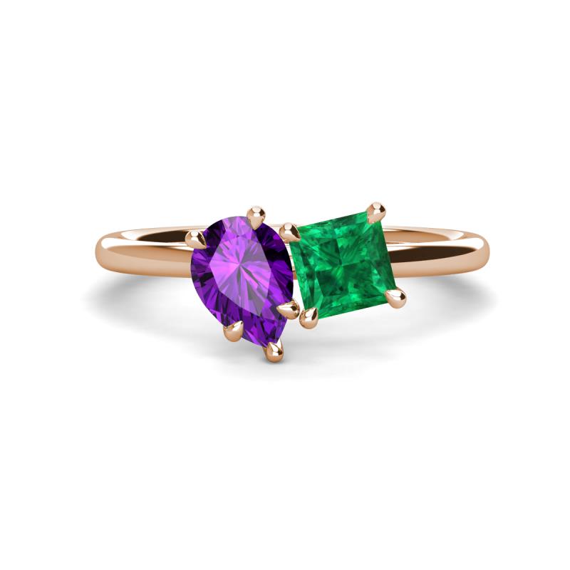 Zoya Pear Shape Amethyst & Princess Shape Lab Created Emerald 2 Stone Duo Ring 