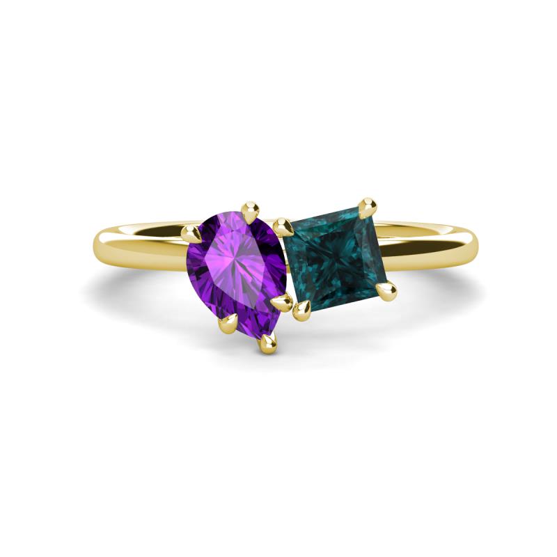 Zoya Pear Shape Amethyst & Princess Shape London Blue Topaz 2 Stone Duo Ring 