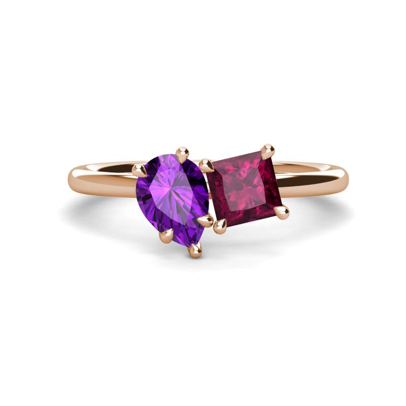 Zoya Pear Shape Amethyst & Princess Shape Rhodolite Garnet 2 Stone Duo Ring 