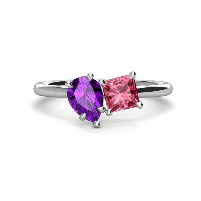 Zoya Pear Shape Amethyst & Princess Shape Pink Tourmaline 2 Stone Duo Ring 