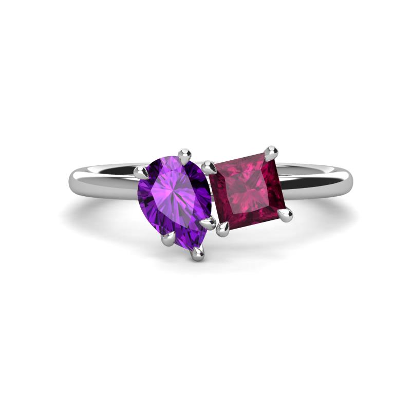 Zoya Pear Shape Amethyst & Princess Shape Rhodolite Garnet 2 Stone Duo Ring 