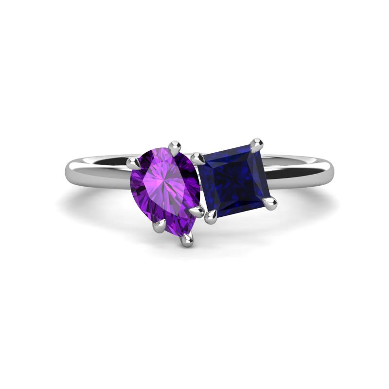 Zoya Pear Shape Amethyst & Princess Shape Lab Created Blue Sapphire 2 Stone Duo Ring 