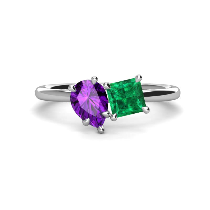 Zoya Pear Shape Amethyst & Princess Shape Lab Created Emerald 2 Stone Duo Ring 