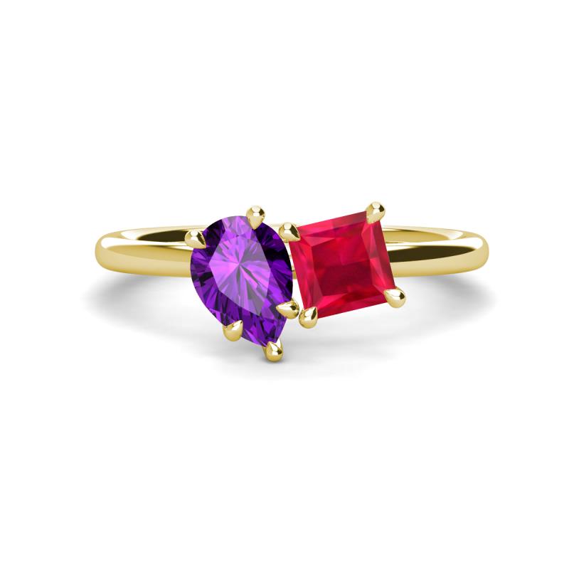 Zoya Pear Shape Amethyst & Princess Shape Lab Created Ruby 2 Stone Duo Ring 