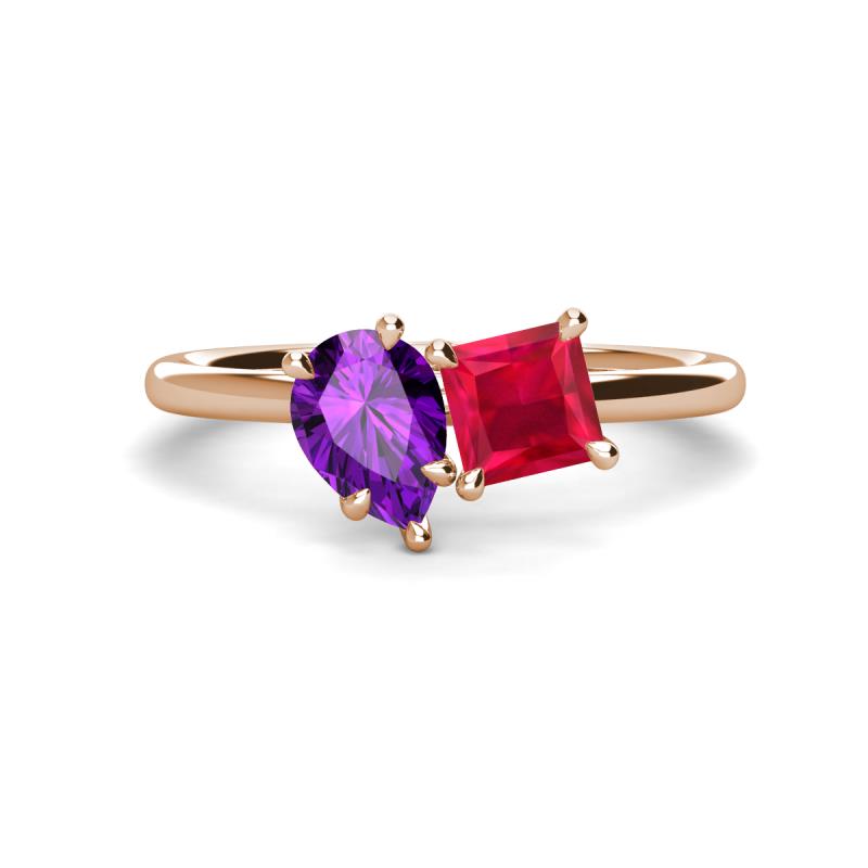 Zoya Pear Shape Amethyst & Princess Shape Lab Created Ruby 2 Stone Duo Ring 