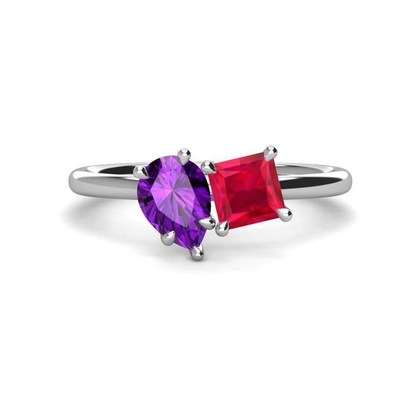 Zoya Pear Shape Amethyst & Princess Shape Lab Created Ruby 2 Stone Duo Ring 