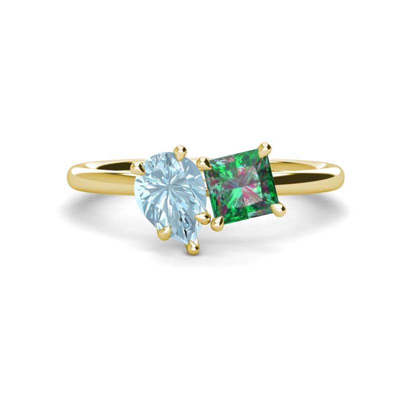 Zoya Pear Shape Aquamarine & Princess Shape Lab Created Alexandrite 2 Stone Duo Ring 