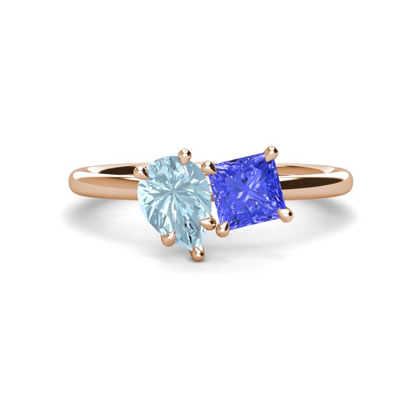 Zoya Pear Shape Aquamarine & Princess Shape Tanzanite 2 Stone Duo Ring 