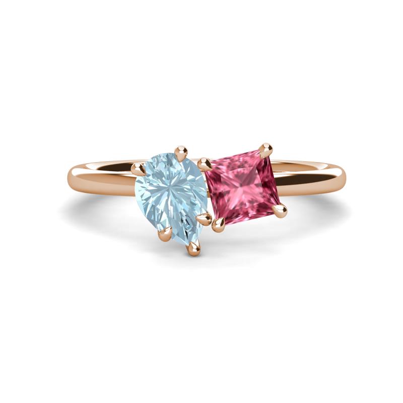 Zoya Pear Shape Aquamarine & Princess Shape Pink Tourmaline 2 Stone Duo Ring 
