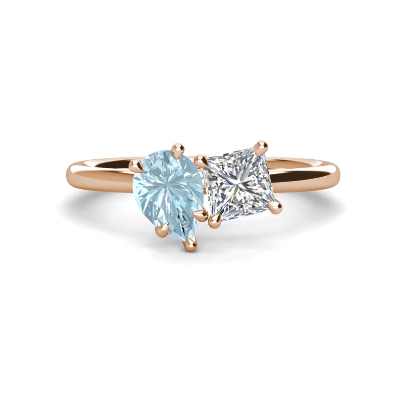 Zoya Pear Shape Aquamarine & Princess Shape GIA Certified Diamond 2 Stone Duo Ring 