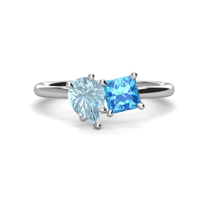 Zoya Pear Shape Aquamarine & Princess Shape Blue Topaz 2 Stone Duo Ring 