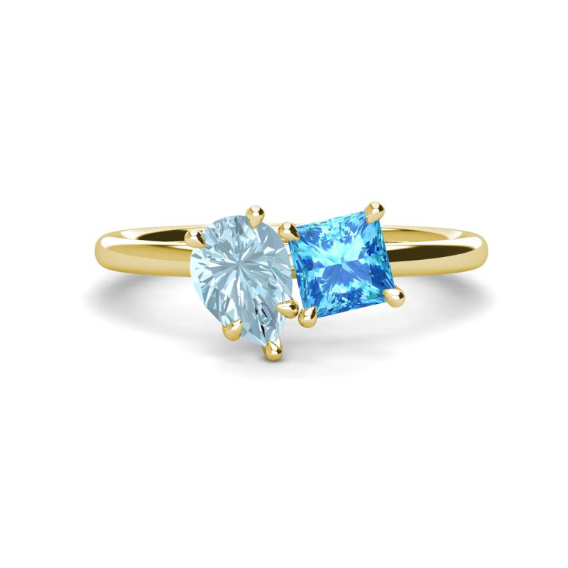 Zoya Pear Shape Aquamarine & Princess Shape Blue Topaz 2 Stone Duo Ring 