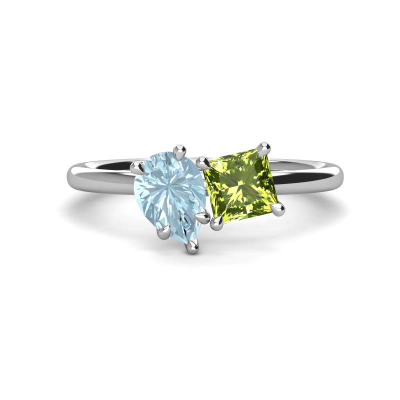 Zoya Pear Shape Aquamarine & Princess Shape Peridot 2 Stone Duo Ring 