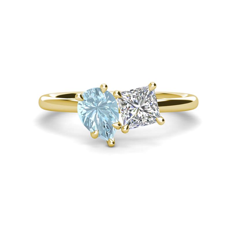 Zoya Pear Shape Aquamarine & Princess Shape Forever One Moissanite 2 Stone Duo Ring 