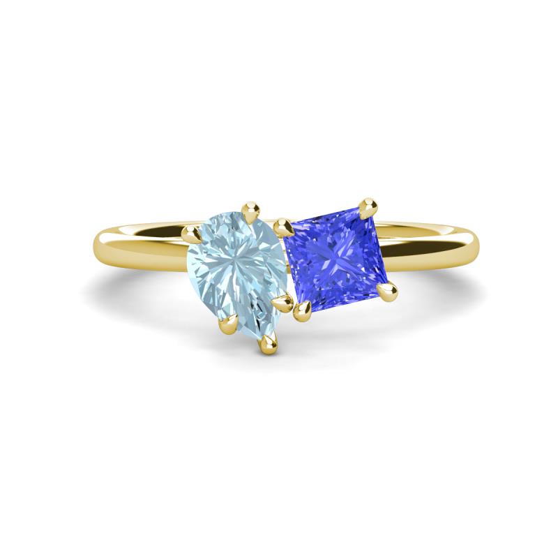 Zoya Pear Shape Aquamarine & Princess Shape Tanzanite 2 Stone Duo Ring 