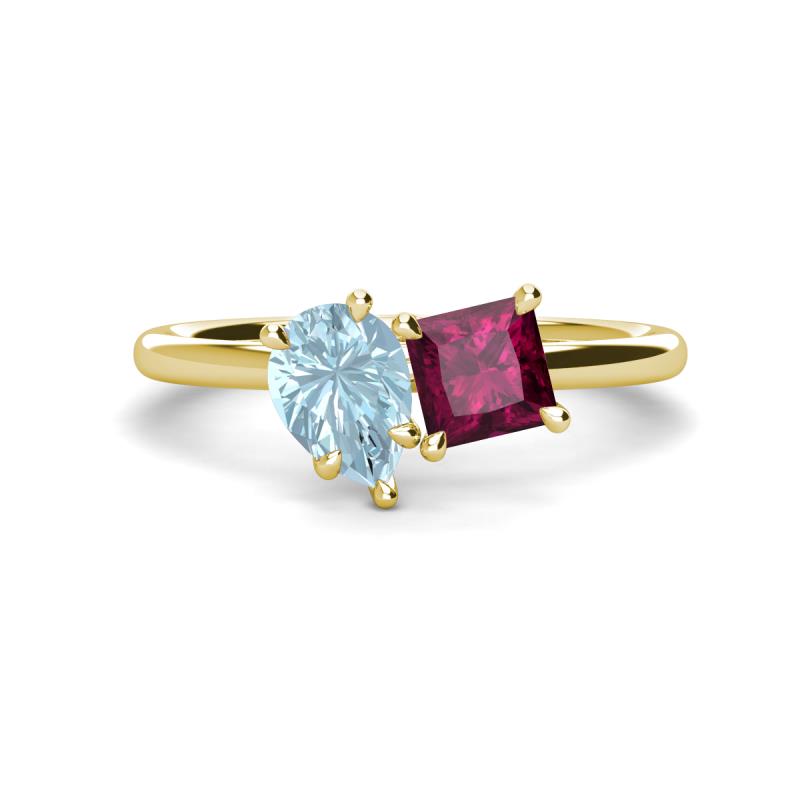 Zoya Pear Shape Aquamarine & Princess Shape Rhodolite Garnet 2 Stone Duo Ring 
