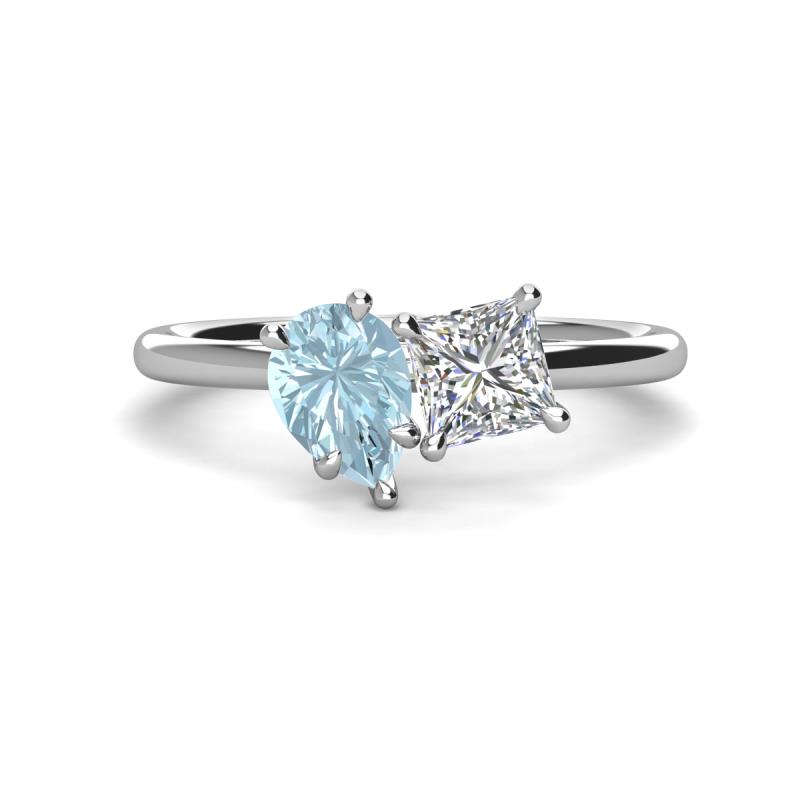 Zoya Pear Shape Aquamarine & Princess Shape Certified Lab Grown Diamond 2 Stone Duo Ring 