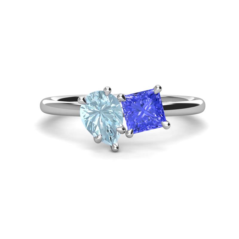 Zoya Pear Shape Aquamarine & Princess Shape Tanzanite 2 Stone Duo Ring 