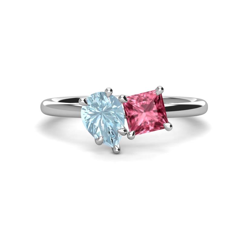 Zoya Pear Shape Aquamarine & Princess Shape Pink Tourmaline 2 Stone Duo Ring 