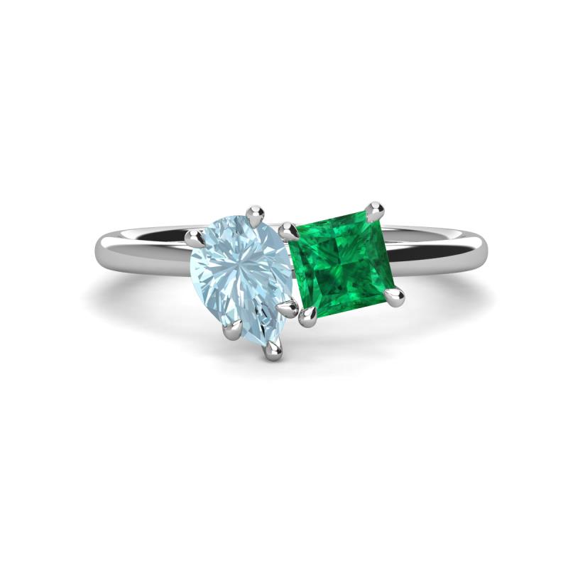 Zoya Pear Shape Aquamarine & Princess Shape Lab Created Emerald 2 Stone Duo Ring 