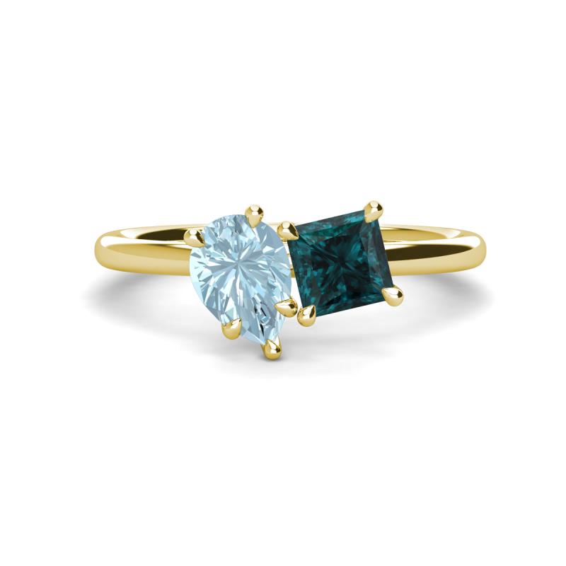 Zoya Pear Shape Aquamarine & Princess Shape London Blue Topaz 2 Stone Duo Ring 