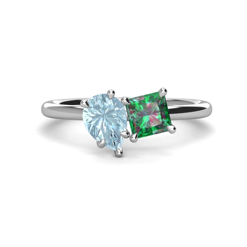 Zoya Pear Shape Aquamarine & Princess Shape Lab Created Alexandrite 2 Stone Duo Ring 