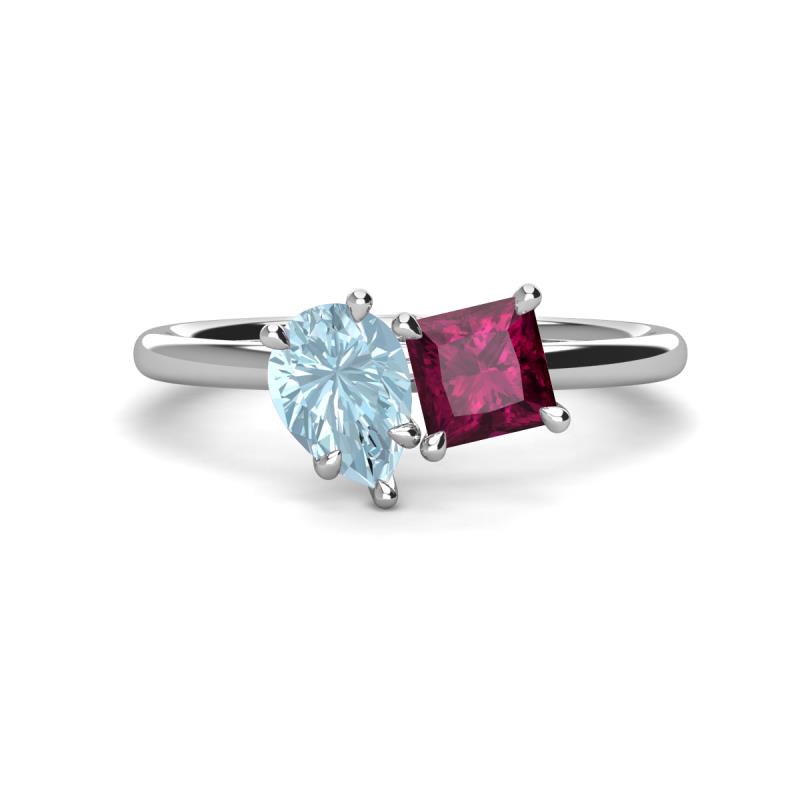 Zoya Pear Shape Aquamarine & Princess Shape Rhodolite Garnet 2 Stone Duo Ring 