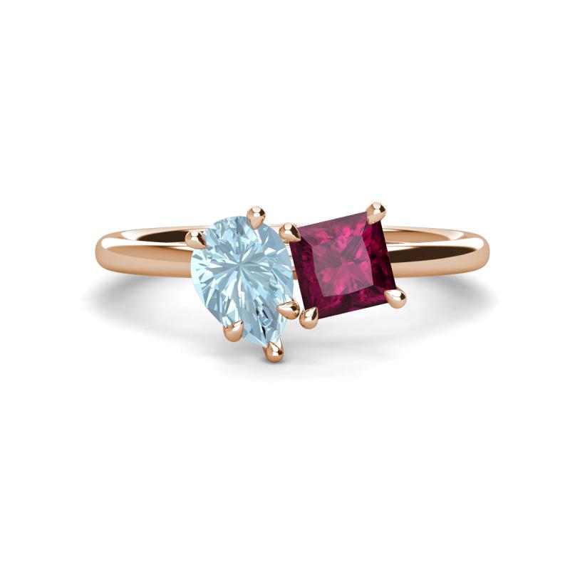 Zoya Pear Shape Aquamarine & Princess Shape Rhodolite Garnet 2 Stone Duo Ring 