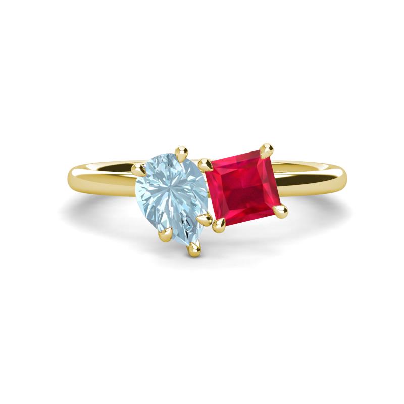 Zoya Pear Shape Aquamarine & Princess Shape Lab Created Ruby 2 Stone Duo Ring 